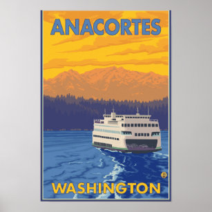 Fähre und Berge - Anacortes, Washington Poster