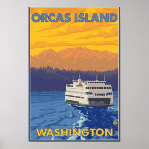 Fähre und Berge - Schwertwale Insel, Washington Poster