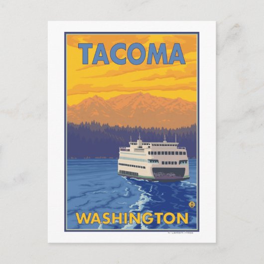 Fähre und Berge - Tacoma, Washington Postkarte (Vorderseite)