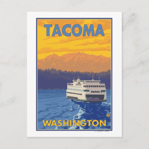 Fähre und Berge - Tacoma, Washington Postkarte