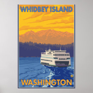 Fähre und Berge - Whidbey Island, Washington Poster