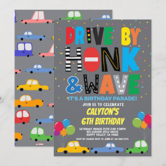 Fahren mit jungen Birthday Parade farbenfrohe Auto Einladung