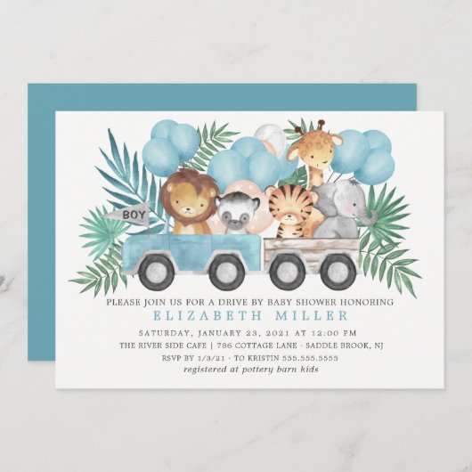 Fahren mit Jungle Animals Boys Baby Dusche Einladung (Vorne/Hinten)