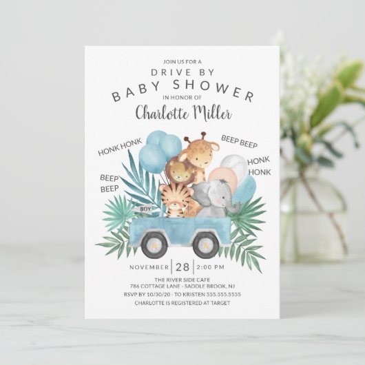 Fahren mit Jungle Animals Boys Baby Dusche Einladung (Stehend Vorderseite)