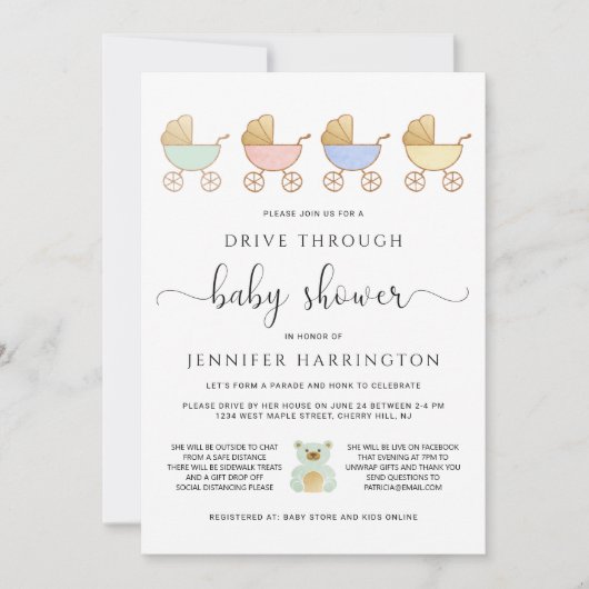 Fahren Sie durch die Babydusche | Retro Carriages  Einladung (Vorderseite)