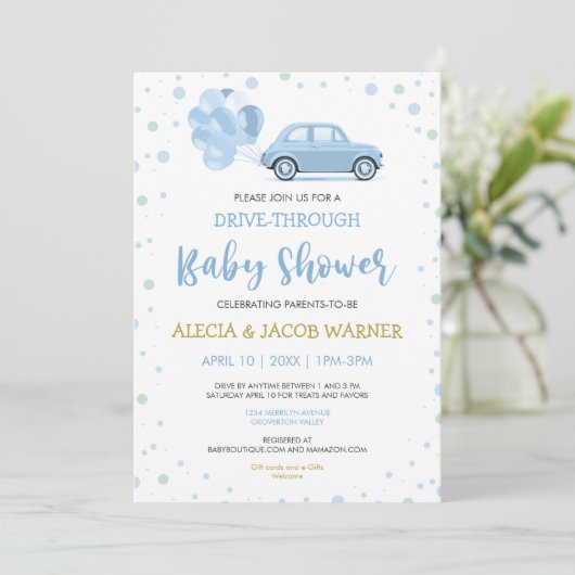 Fahren Sie mit Blue Car Balloons durch die Baby-Du Einladung (Stehend Vorderseite)