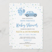 Fahren Sie mit Blue Car Balloons durch die Baby-Du Einladung (Vorne/Hinten)