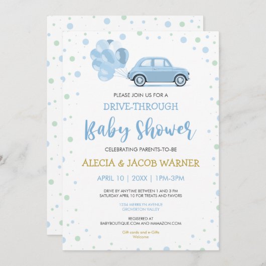 Fahren Sie mit Blue Car Balloons durch die Baby-Du Einladung (Vorne/Hinten)