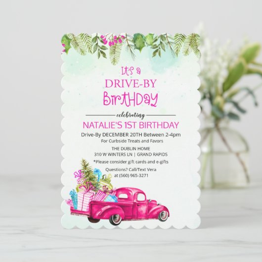 Fahren Sie mit dem Auto durch Drive Thru Geburtsta Einladung (Stehend Vorderseite)