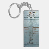 Fahren Sie mit der Vorsicht blau-grauen Industriet Schlüsselanhänger (Vorderseite links)