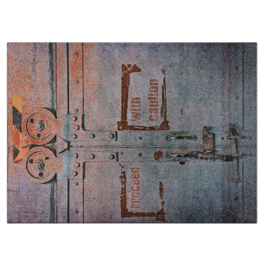 Fahren Sie mit der Vorsicht blau-grauen Industriet Schneidebrett (Vorderseite)