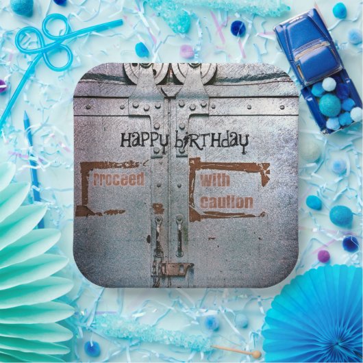 Fahren Sie mit Vorsicht mit blaugrauem Industriezw Pappteller (Party)