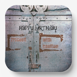 Fahren Sie mit Vorsicht mit blaugrauem Industriezw Pappteller