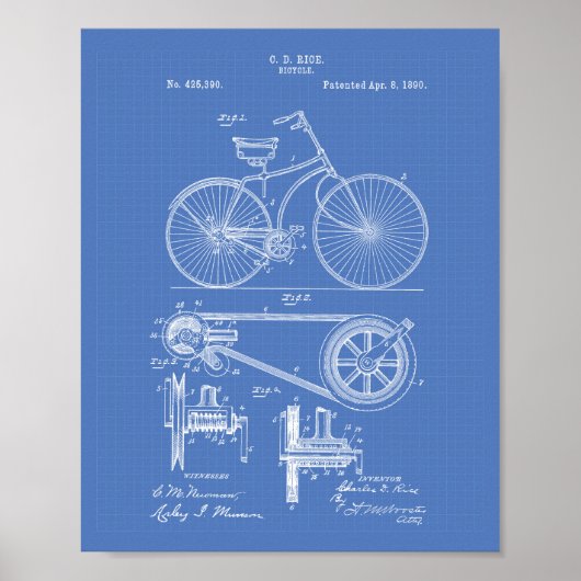 Fahrrad 1890 Patentart - Blueprint Poster (Vorne)