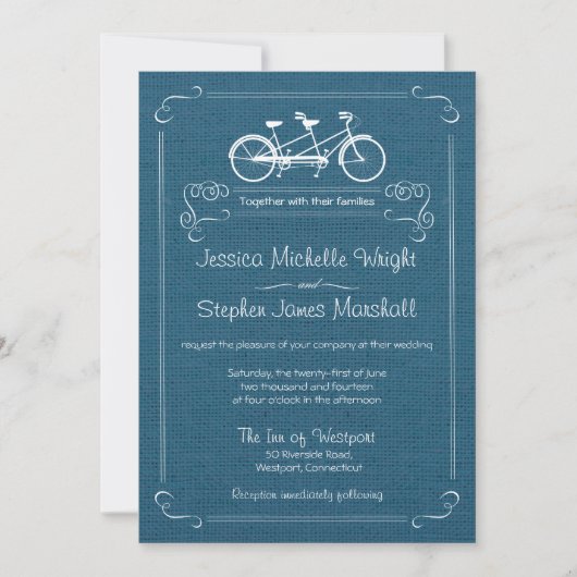 Fahrrad für zwei Blue Burlap Wedding Einladungen (Vorderseite)