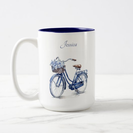 Fahrrad in Delft Blue individuell anpassbar Zweifarbige Tasse (Links)