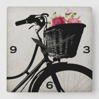Fahrrad-Korb mit Pfingstrosen-Wanduhr Quadratische Wanduhr