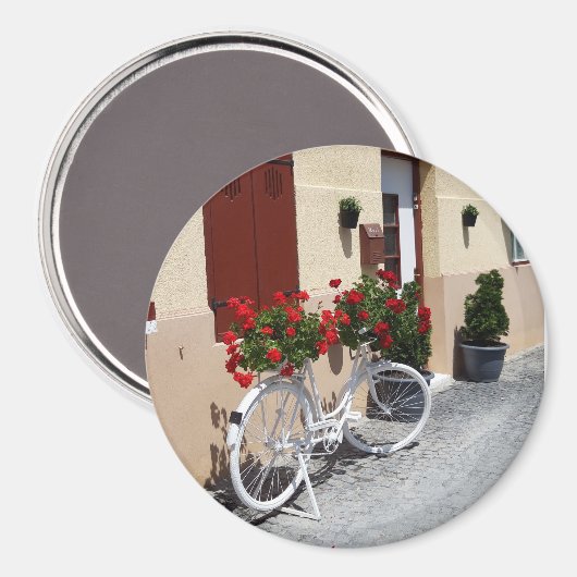 Fahrrad mit Blume aus Rotem Geranium Magnet (Vorderseite/Rückseite)