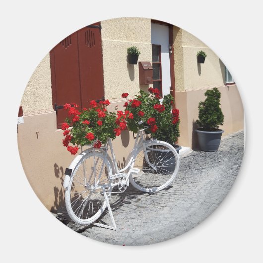 Fahrrad mit Blume aus Rotem Geranium Magnet (Vorne)