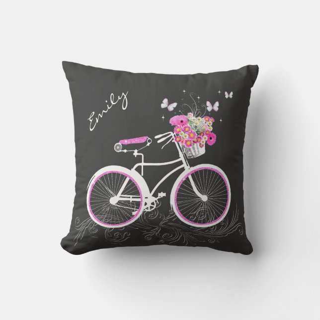 Fahrrad mit Blume Basket Custom Throw Kissen (Vorderseite)