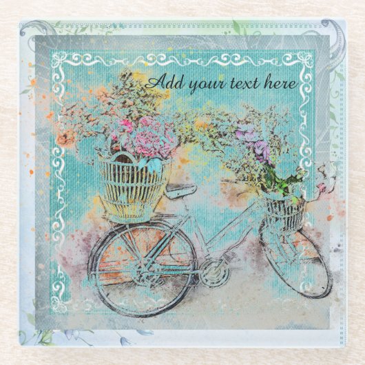 Fahrrad mit Blume-Körben auf blauem Schoß Glasuntersetzer (Vorderseite)