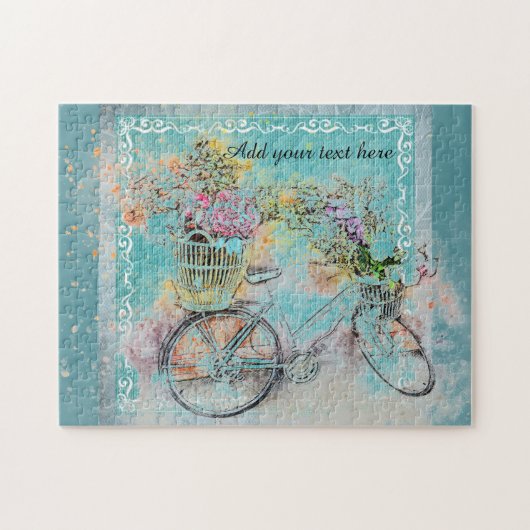 Fahrrad mit Blume-Körben auf blauem Schoß Puzzle (Horizontal)
