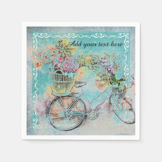 Fahrrad mit Blume-Körben auf blauem Schoß Serviette (Vorderseite)