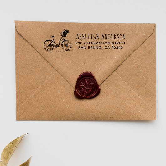 Fahrrad mit Blume Rücksendeadresse handgeschrieben Gummistempel