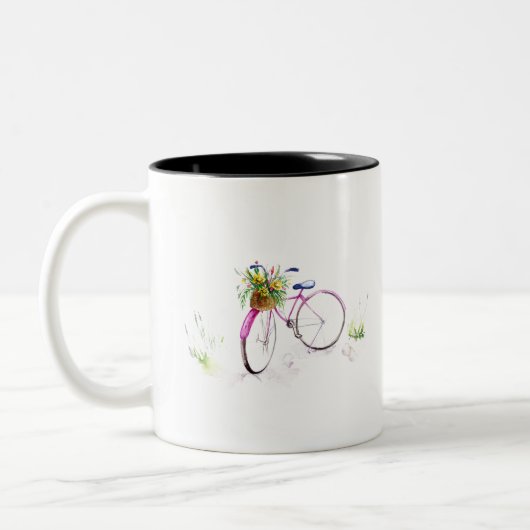 Fahrrad mit Blume. Zweifarbige Tasse (Links)