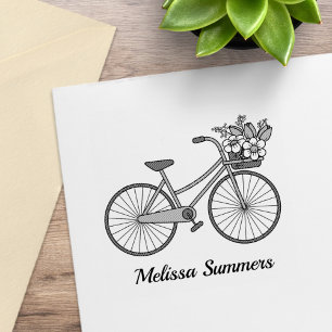 Fahrrad mit Blumenkorb und individuellem Namen Gummistempel