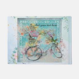 Fahrrad mit Blumenkörben auf blauer Leinwand Fußmatte