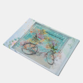 Fahrrad mit Blumenkörben auf blauer Leinwand Fußmatte (Schrägansicht)