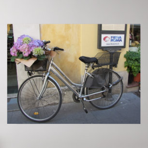 Fahrrad mit Hortensienkorb Poster