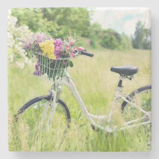 Fahrrad mit Korb der Blume auf der Wiese Steinuntersetzer (Vorderseite)