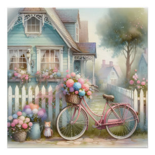 Fahrrad mit rosa Blume am Tor der blauen Kate Poster