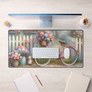 Fahrrad mit rosa Blume am Tor der blauen Kate Schreibtischunterlage