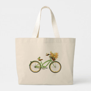Fahrrad mit Vogel und Blumenkorb Grün Gelb Jumbo Stoffbeutel