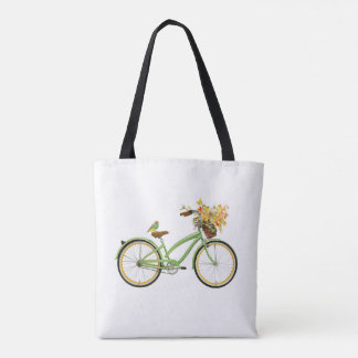 Fahrrad mit Vogel und Blumenkorb Grün Gelb Tasche