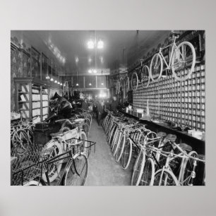 Fahrrad- & Motorradgeschäft, 1910. Vintage-Foto Poster