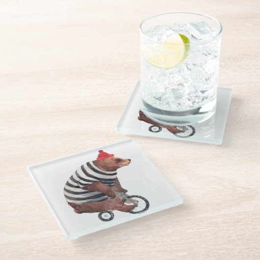 Fahrrad-Spaß-Bär Glasuntersetzer (Schrägansicht)