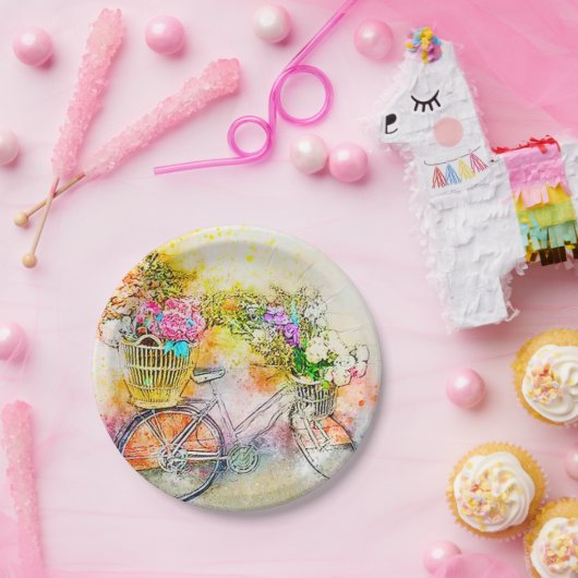 Fahrrad und Blume Pappteller (Party)