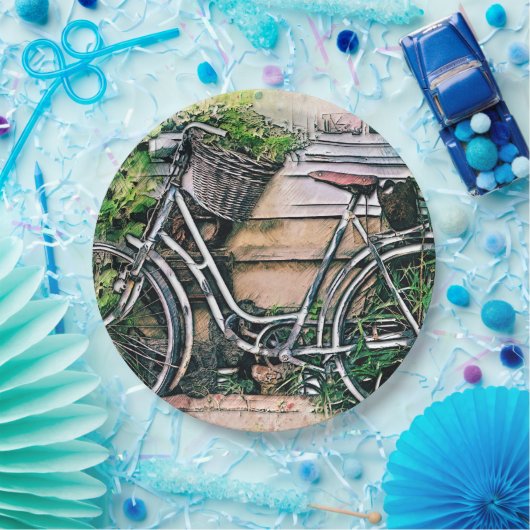 Fahrrad und Korb im Garten Pappteller (Party)