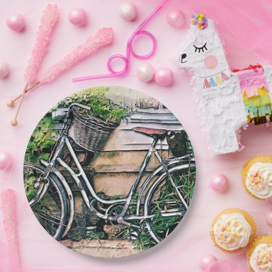 Fahrrad und Korb im Garten Pappteller (Party)