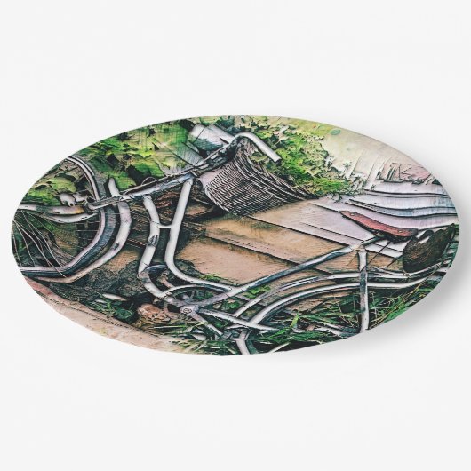 Fahrrad und Korb im Garten Pappteller (Schrägansicht)