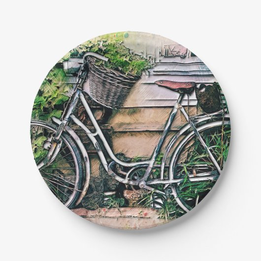 Fahrrad und Korb im Garten Pappteller (Vorderseite)