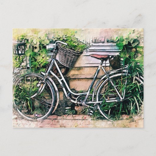Fahrrad und Korb im Garten Postkarte (Vorderseite)