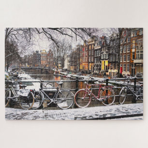 Fahrräder im Schnee in Amsterdam Puzzle