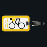 Fahrradfahrer fahren nach seinem Brauch Gepäckanhänger<br><div class="desc">Fahrradfahrer reiten auf seinem Fahrrad individuelle Gepäckmarke mit einer minimalistischen Ikone einer schwarzen Silhouette mit gelbem Oberteil und dem Text auf weißem Hintergrund mit gelbem Rand.  .</div>