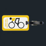 Fahrradfahrer fahren nach seinem Brauch Gepäckanhänger<br><div class="desc">Fahrradfahrer reiten auf seinem Fahrrad individuelle Gepäckmarke mit einer minimalistischen Ikone einer schwarzen Silhouette mit gelbem Oberteil und dem Text auf weißem Hintergrund mit gelbem Rand. .</div>