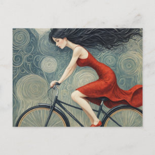 Fahrradlady in einem roten Kleid Postkarte